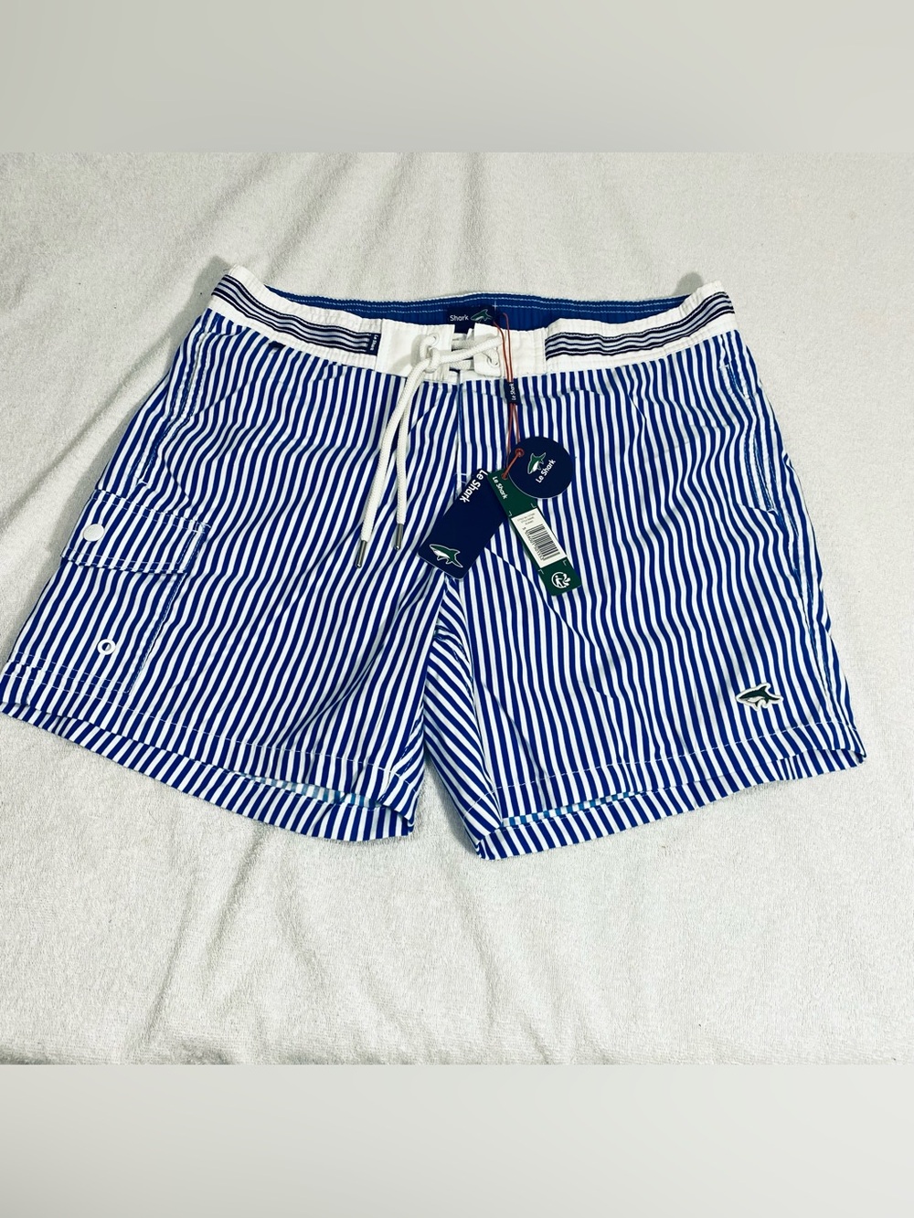 Le Shark Men's Blue White Striped Swim Trunks Board Shorts Large